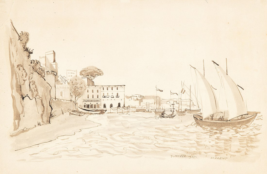 ERNST HUBER* (Vienna 1895 - 1960 Vienna): ERNST HUBER* (Vienna 1895 - 1960 Vienna)Sorrent, 1925indian ink/paper 47 x 31,5 cmsigned E. Huber, dated 1925inscribed SorrentSCHÄTZPREIS / ESTIMATE °