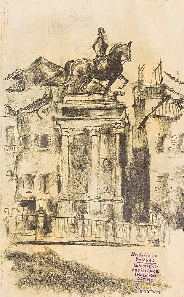 PAUL KUHFUSS* (Berlin 1883 - 1960 Berlin): PAUL KUHFUSS* (Berlin 1883 - 1960 Berlin) Statue of Bartolomeo Colleoni charcoal/paper 37,5 x 23 cm inscribed Bartolomeo Coleono Bercomensi obmilitare imperium odtime centum verso another drawing