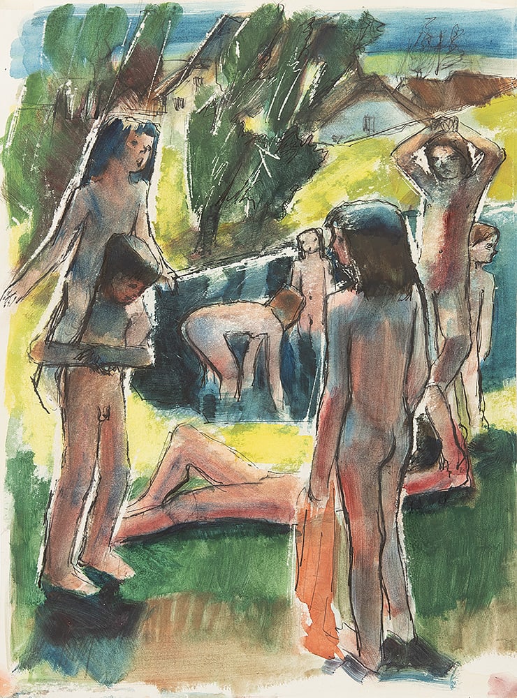 HANS KNESL* (Bad Pirawarth 1905 - 1971 Vienna): HANS KNESL* (Bad Pirawarth 1905 - 1971 Vienna) Bathing scene mixed media/paper 38 x 27,5 cm signed Knesl verso stamp Knesl SCHÄTZPREIS / ESTIMATE °€ 150