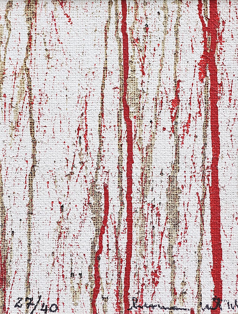 HERMANN NITSCH* (Vienna 1938 - 2022 Mistelbach): HERMANN NITSCH* (Vienna 1938 - 2022 Mistelbach)Untitledoil/jute 28,2 x 21 cmsigned Hermann Nitsch, numbered 27/40SCHÄTZPREIS / ESTIMATE € 3000 - 4000STA