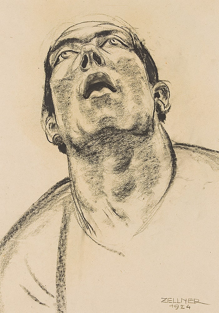MARGARETE JOHANNA FEIGL-ZELLNER* (Gmunden 1900 - 1994 unknown): MARGARETE JOHANNA FEIGL-ZELLNER* (Gmunden 1900 - 1994 unknown) Male portrait, 1924 charcoal/paper 56,5 x 41 cm signed Zellner, dated 1924 verso male portrait SCHÄT