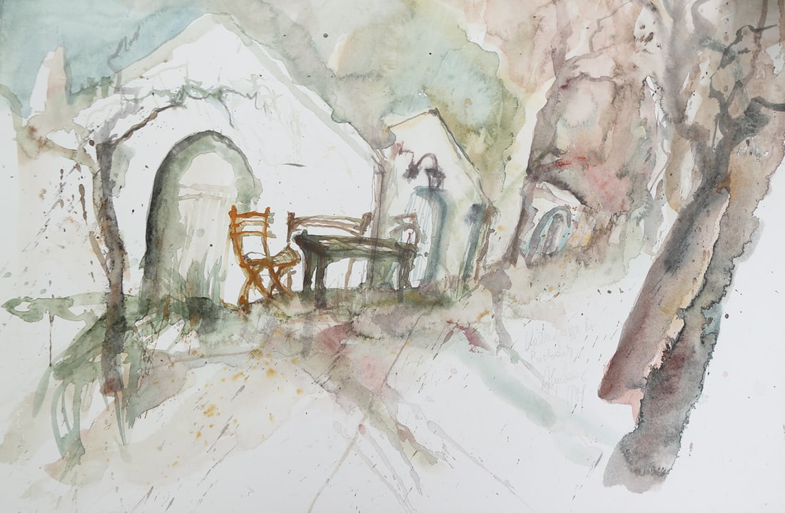 Gerhard Almbauer* (born 1957 in Graz): Gerhard Almbauer* (born 1957 in Graz)Kellergasse, 1984watercolor/paper 38 x 56,5 cmsigned Almbauer, dated 1984inscribed Kellergasse in PurbachSCHÄTZPREIS / ESTIMATE °€ 250 - 500STARTPREIS /