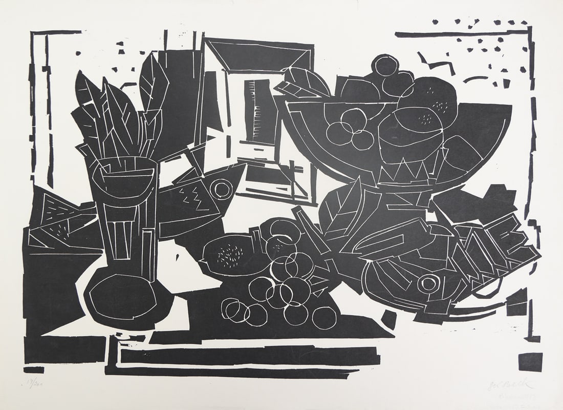 Gustav Kurt Beck* (Vienna 1902 - 1983 Wolfsburg): Gustav Kurt Beck* (Vienna 1902 - 1983 Wolfsburg)Still life, 1982linocut/paper 38,7 x 49,7 cmsigned G K Beck, dated Österreich 1982SCHÄTZPREIS / ESTIMATE °€ 50 - 100STARTPREIS / STARTING PRICE