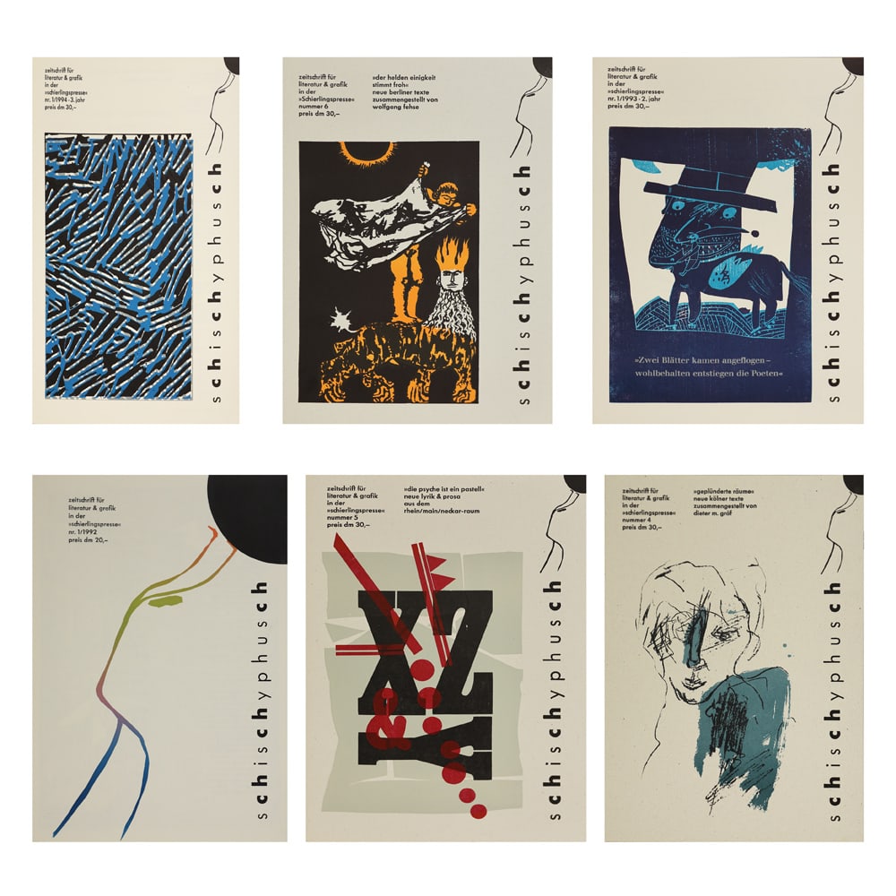 Barbara Beisinghoff* (born 1945 in Hermansburg): Barbara Beisinghoff* (born 1945 in Hermansburg)Bundle of 6 magazines Schischyphusch, magazine for literature and graphik1| Nr. 1/1994, 3. volume, cover by Gloria Brand, Überlegung I, 19932 Nr. 4,