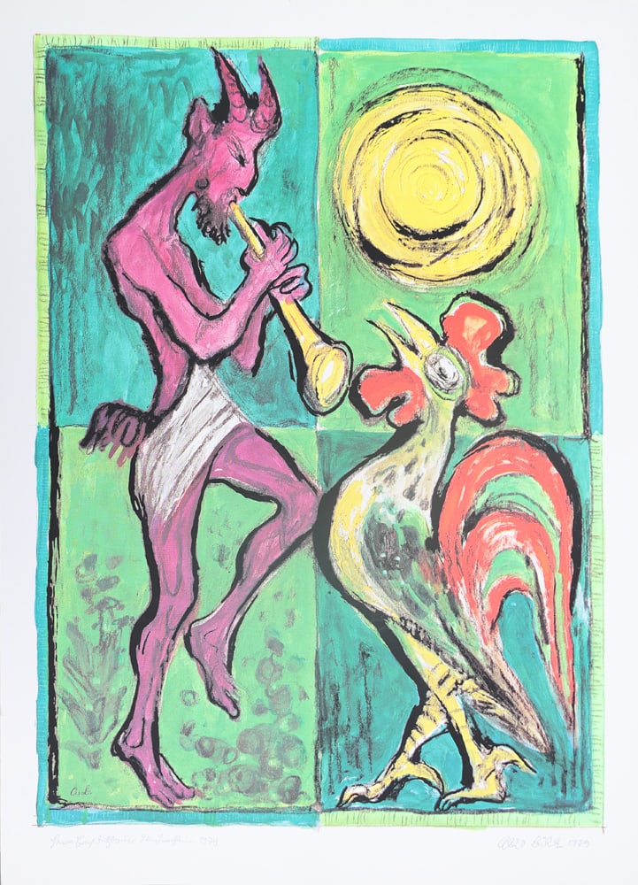 Albert Birkle* (Berlin 1900 - 1986 Salzburg): Albert Birkle* (Berlin 1900 - 1986 Salzburg)Faun with rooster, 1979color offset lithograph/paper 62 x 44,2 cmsigned Albert Birkle, dated 1979inscribed Herrn Erich FitzbauerSCHÄTZPREIS / ESTIMATE