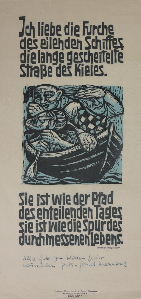 Gertrud Boernick* (Cologne 1931 - 2017): Gertrud Boernick* (Cologne 1931 - 2017)Ship of lifewoodcut/paper 17,4 x 14,5 cmsigned Alles gute zum Neuen Jahr Wünschen Peter + Gertrud BoernickSCHÄTZPREIS / ESTIMATE °€ 100 - 200STARTPREIS