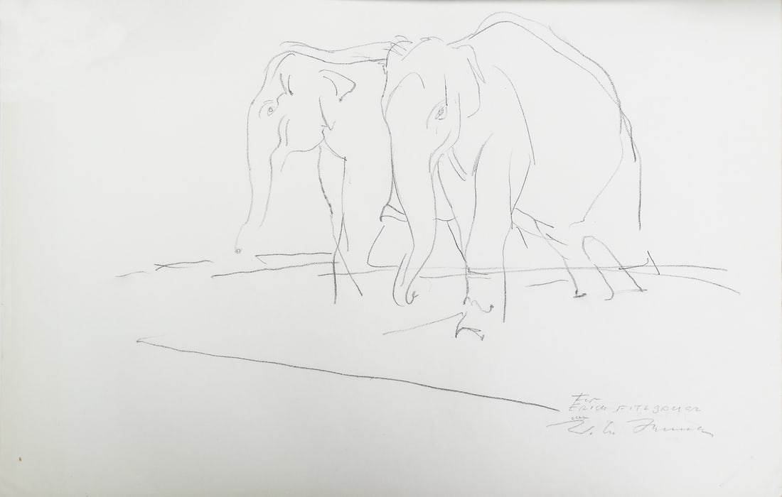 Wilhelm Martin Busch* (Breslau 1908 - 1987 Hamburg): Wilhelm Martin Busch* (Breslau 1908 - 1987 Hamburg)Elephantspencil/paper 42,5 x 60,5 cmsigned W. M. Busch, inscribed Für Erich FitzbauerSCHÄTZPREIS / ESTIMATE °€ 80 - 100STARTPREIS / STARTING