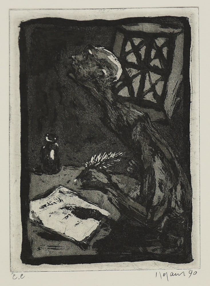 Wolfgang Defant* (geboren 1957 in Stockholm): Wolfgang Defant* (geboren 1957 in Stockholm)Writer, 1990etching/paper 16,9 x 11,9 cmsigned Defant, dated 90SCHÄTZPREIS / ESTIMATE °€ 50 - 100STARTPREIS / STARTING PRICE °€ 50Contemporary