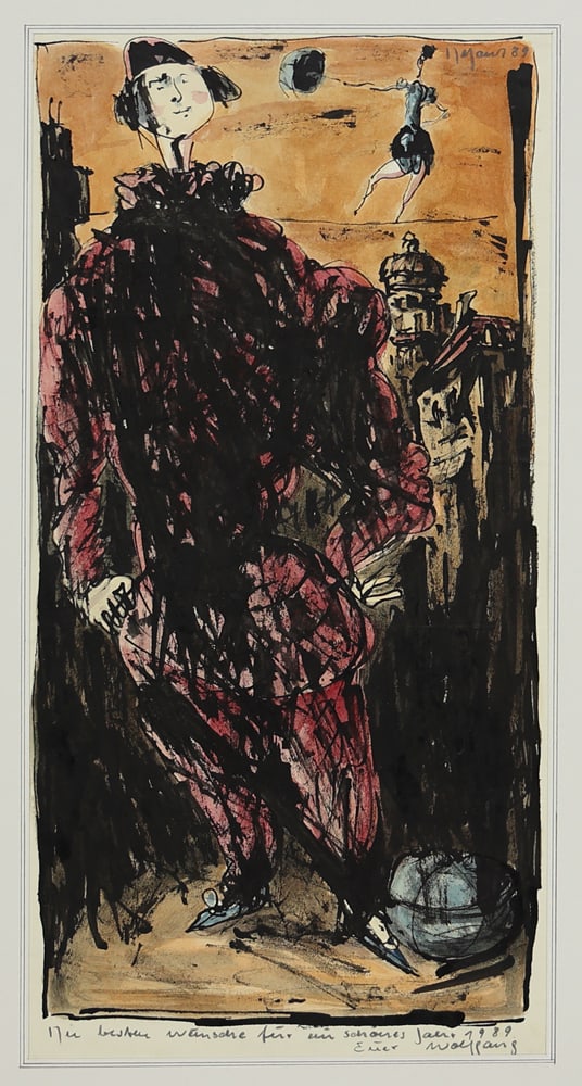 Wolfgang Defant* (geboren 1957 in Stockholm): Wolfgang Defant* (geboren 1957 in Stockholm)Women fashion, 1989watercolor and ink/paper 42,6 x 21,2 cminscribed Die besten Wünsche für ein schönes Jahr 1989 Euer WolfgangSCHÄTZPREIS / ESTIMATE