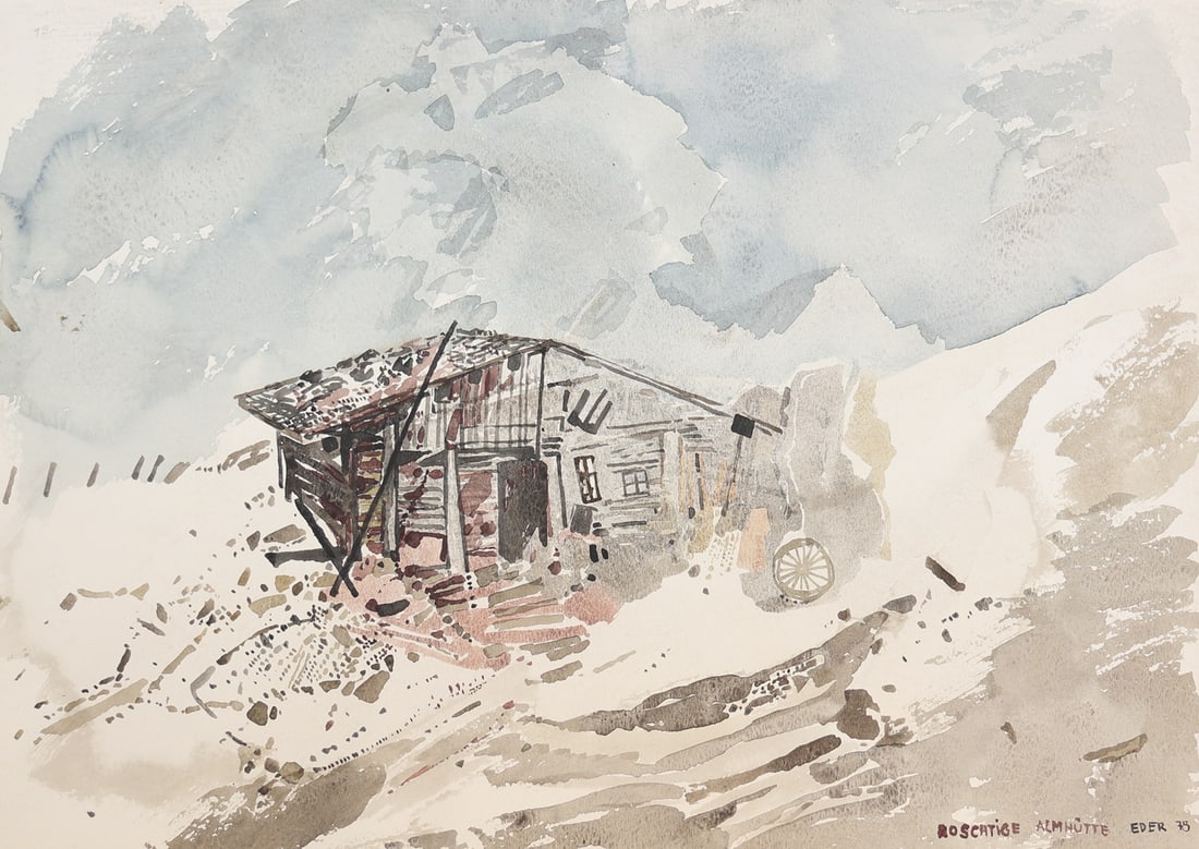 Othmar Eder* (born 1955 in Kufstein): Othmar Eder* (born 1955 in Kufstein)Rusty mountain hut, 1978watercolor/paper 43,5 x 62 cmsigned Eder, dated 78inscribed Roschtige Almhütteverso still life with fruits