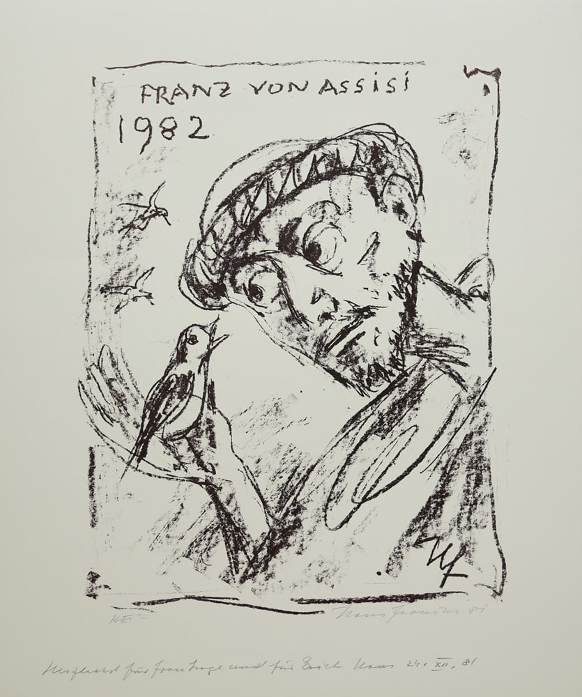 Hans Fronius* (Sarajevo 1903 - 1988 Mödling): Hans Fronius* (Sarajevo 1903 - 1988 Mödling)Franz Assisi, 1982lithograph/paper 64,5 x 58 cmsigned Hans Fronius, dated 81inscribed Herzlichst für Frau Inge und Erich Hans 24.XII.81monogrammed