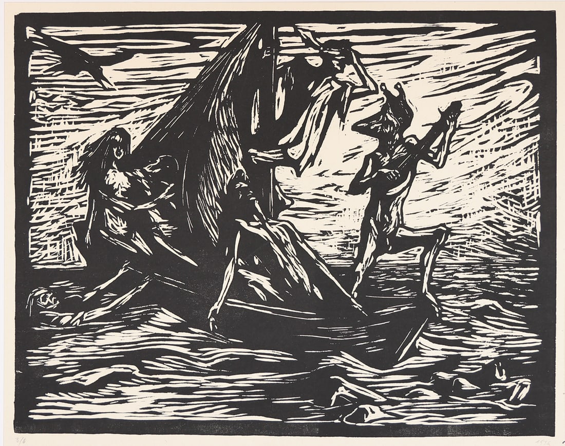 Hans Fronius* (Sarajevo 1903 - 1988 Mödling): Hans Fronius* (Sarajevo 1903 - 1988 Mödling)Charon's ferry, 1936woodcut/paper 41 x 52 cmdated 1936, numbered 3/6estate stampSCHÄTZPREIS / ESTIMATE °€ 100 - 20