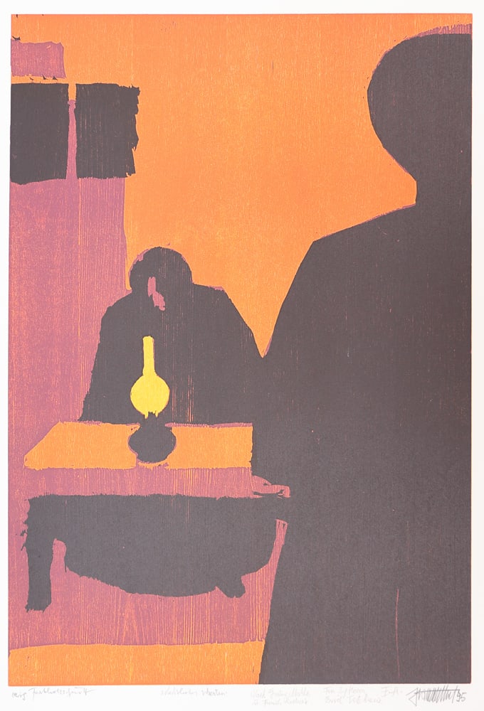Robert Hammerstiel* (Werschetz 1933 - 2020 Neunkirchen): Robert Hammerstiel* (Werschetz 1933 - 2020 Neunkirchen)Nighttime waiting, 1995woodcut/paper 65 x 45 cmsigned Hammerstiel, dated 95inescribed Orig. Farbholzschnitt, Nächtliches Warten, Für Herrn