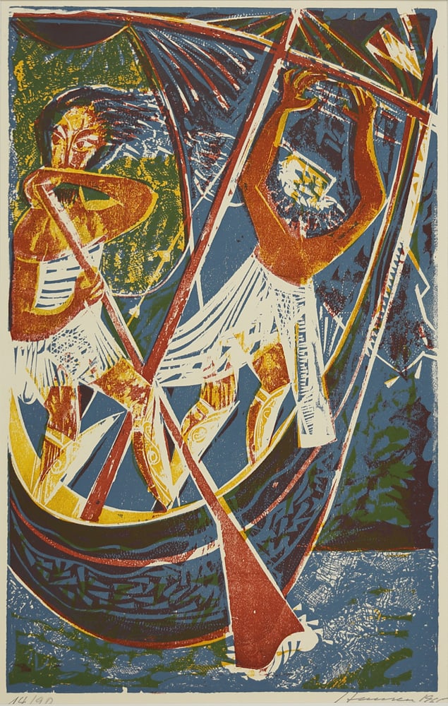 Karl Heinz Hansen-Bahia* (Hamburg 1915 - 1978 São Paulo): Karl Heinz Hansen-Bahia* (Hamburg 1915 - 1978 São Paulo)Fisher, 1965woodcut/paper 56,7 x 39,2 cmsigned Hansen, dated 1965numbered 14/90SCHÄTZPREIS / ESTIMATE °€ 150 - 300STARTPREIS / STARTING