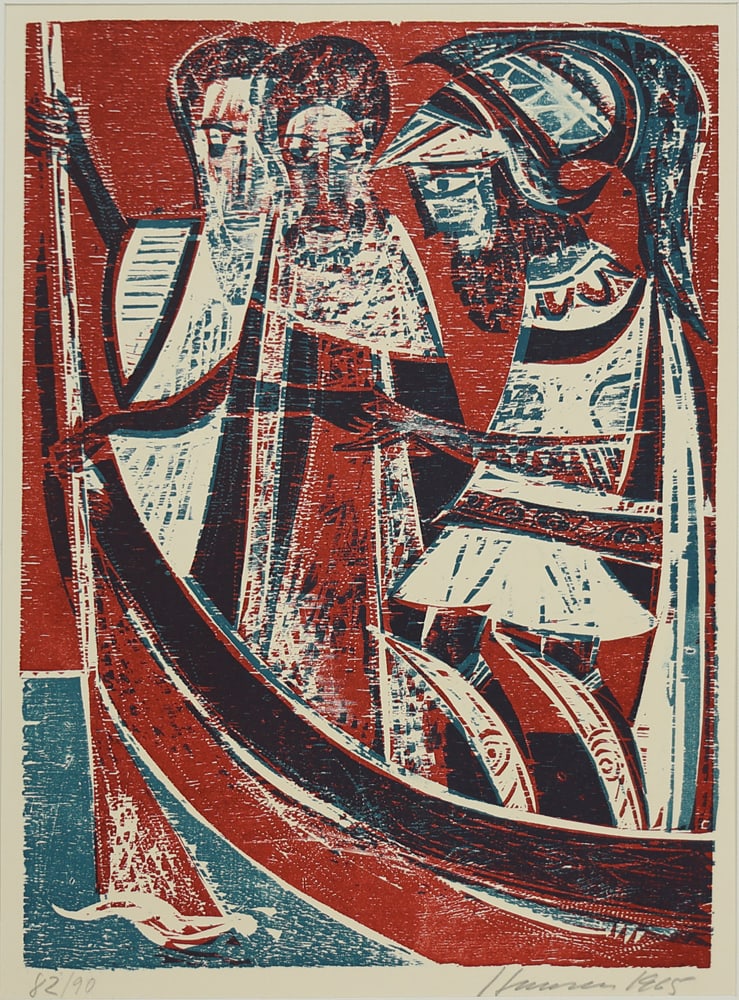 Karl Heinz Hansen-Bahia* (Hamburg 1915 - 1978 São Paulo): Karl Heinz Hansen-Bahia* (Hamburg 1915 - 1978 São Paulo)Ulysses' ship, 1965woodcut/paper 57 x 39,4 cmsigned Hansen, dated 1965numbered 82/90SCHÄTZPREIS / ESTIMATE °€ 150 - 300STARTPREIS /