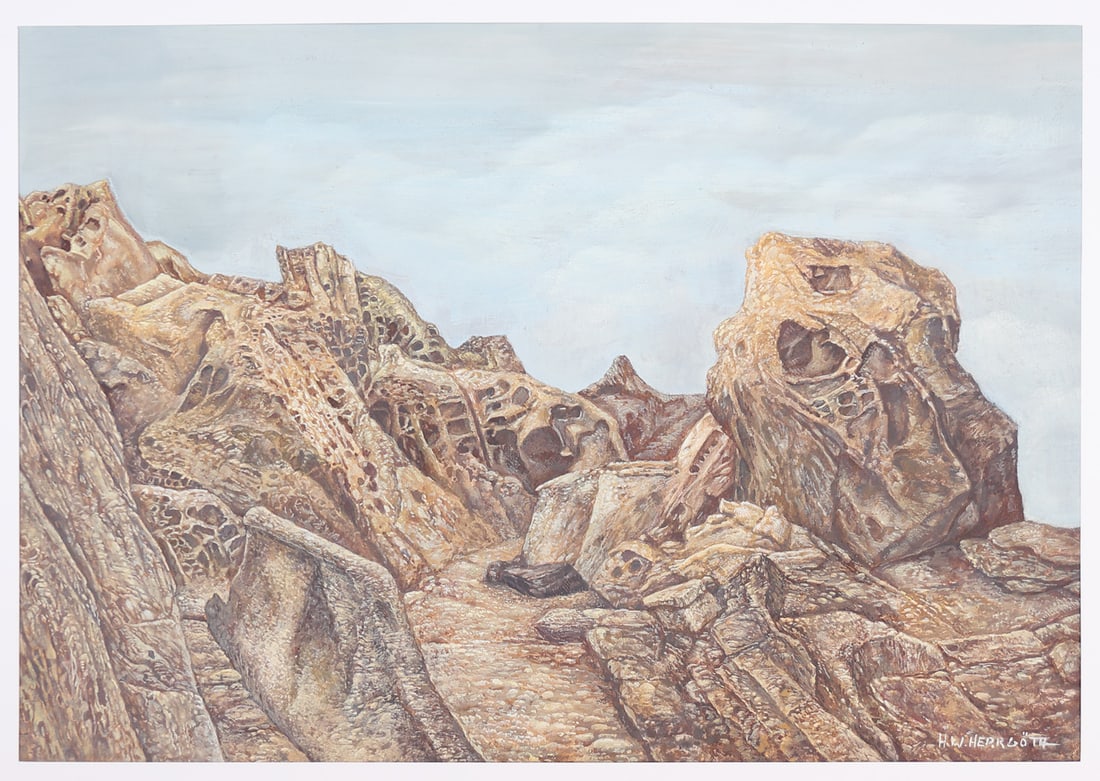 Herbert W. Herrgöth* (Vienna 1933 - 1984 Vienna): Herbert W. Herrgöth* (Vienna 1933 - 1984 Vienna)Stone landscapewatercolor/paper 36 x 49,7 cmsigned H. W. HerrgöthSCHÄTZPREIS / ESTIMATE °€ 100 - 200STARTPREIS