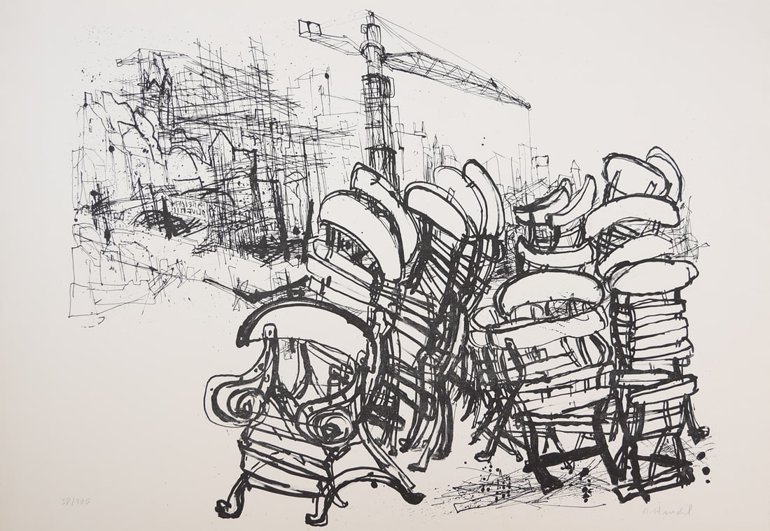 Rudolf Hradil* (Salzburg 1925 - 2007 Vienna): Rudolf Hradil* (Salzburg 1925 - 2007 Vienna)Construction sitelithograph/paper 53,3 x 78 cmsigned R. Hradil, numbered 38/100SCHÄTZPREIS / ESTIMATE °€ 100 - 200