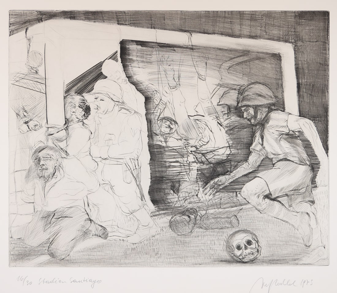 Alfred Hrdlicka* (Vienna 1928 - 2009 Vienna): Alfred Hrdlicka* (Vienna 1928 - 2009 Vienna)Santiago stadium, 1973etching/paper 49,5 x 59 cmsigned Hrdlicka, dated 1973numbered 16/30SCHÄTZPREIS / ESTIMATE °€