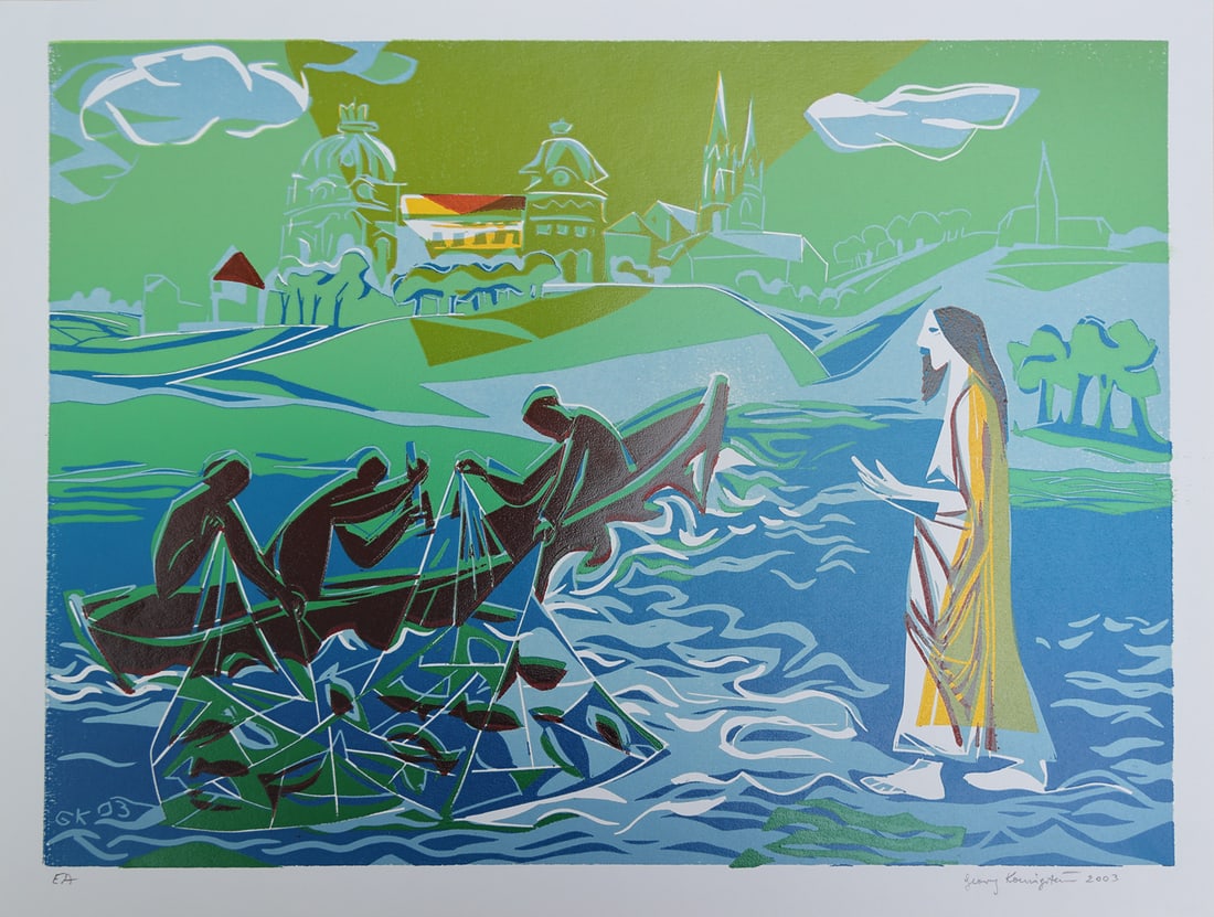 Georg Königstein* (born 1937 in Vienna): Georg Königstein* (born 1937 in Vienna)Christ on the water, 2003colored linolcut/paper 29,6 x 40,2 cmsigned Georg Königstein, dated 2003monogrammed and dated in the plate GK 03