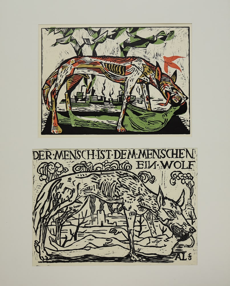 Axl Leskoschek* (Graz 1889 - 1976 Vienna): Axl Leskoschek* (Graz 1889 - 1976 Vienna)Man is a wolf to man, 19561| Initial study for the motive, 1956linocut/paper 31,3 x 36,5 cmmonogrammed and dated in the plate AL 562| Last