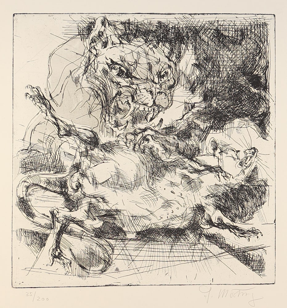 Fritz Martinz* (1924 - 2002): Fritz Martinz* (1924 - 2002)Predatory cat with preyetching/paper 30 x 28,1 cmsigned F. Martinz, numbered 35/200SCHÄTZPREIS / ESTIMATE °€ 30 - 60STARTPREIS / S