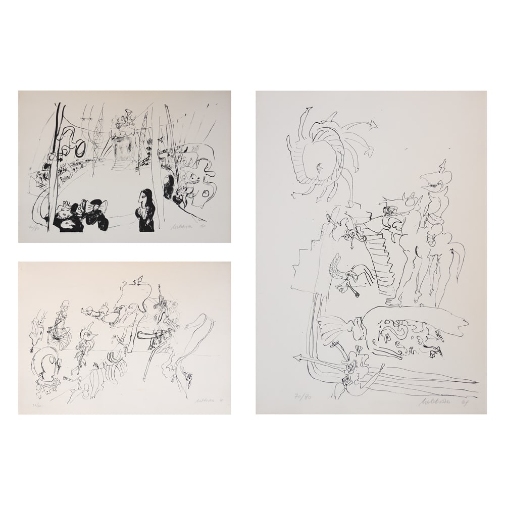 Kurt Moldovan* (Vienna 1918 - 1977 Vienna): Kurt Moldovan* (Vienna 1918 - 1977 Vienna)Bundle of 3 lithographs1| War, 1969lithograph/paper 53,5 x 38,4 cmsigned Moldovan, dated 69numered 70/802| Circus of soldiers, 1969