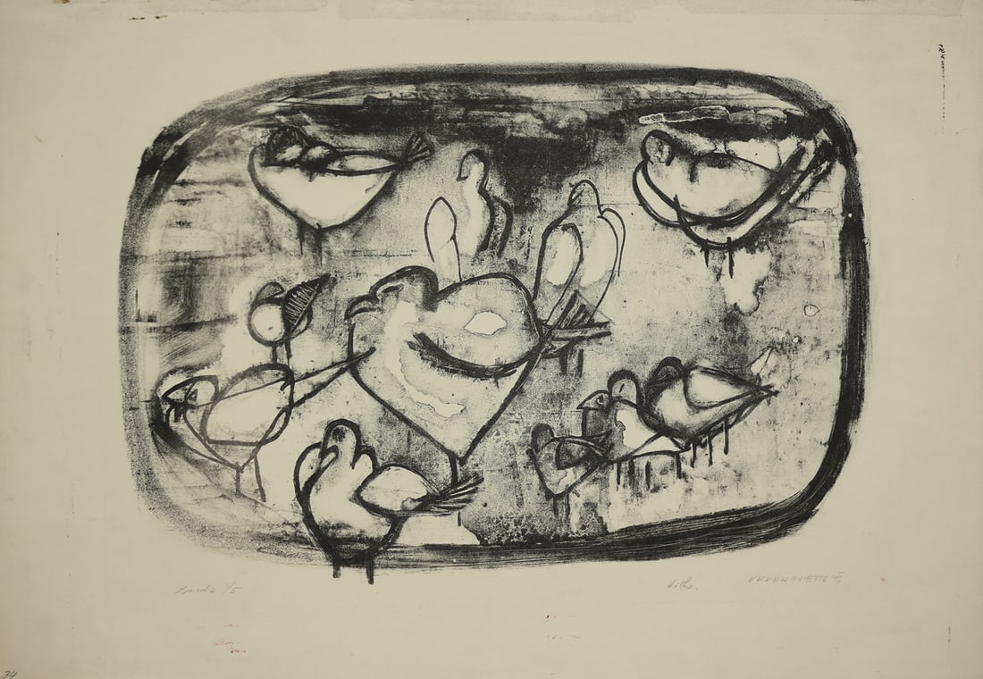 Vevean Oviette* (Graz 1902 - 1986 Graz): Vevean Oviette* (Graz 1902 - 1986 Graz)Pigeons, 1949lithograph/paper 26,5 x 51,1 cmsigned Veven Oviette, dated 49numbered 1/5SCHÄTZPREIS / ESTIMATE °€ 60 - 100STARTPREIS / STARTING PRICE