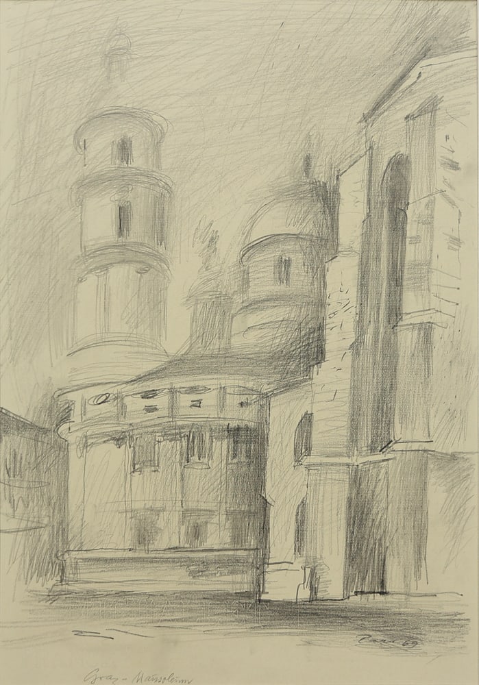 Ernst Paar* (Graz 1906 - 1986 Vienna): Ernst Paar* (Graz 1906 - 1986 Vienna)Mausoleum Graz, 1969pencil/paper 48 x 31,5 cmsigned Paar, dated 69inscribed Graz MausoleumSCHÄTZPREIS / ESTIMATE °€ 100 - 200STARTPREIS / STARTING PRICE