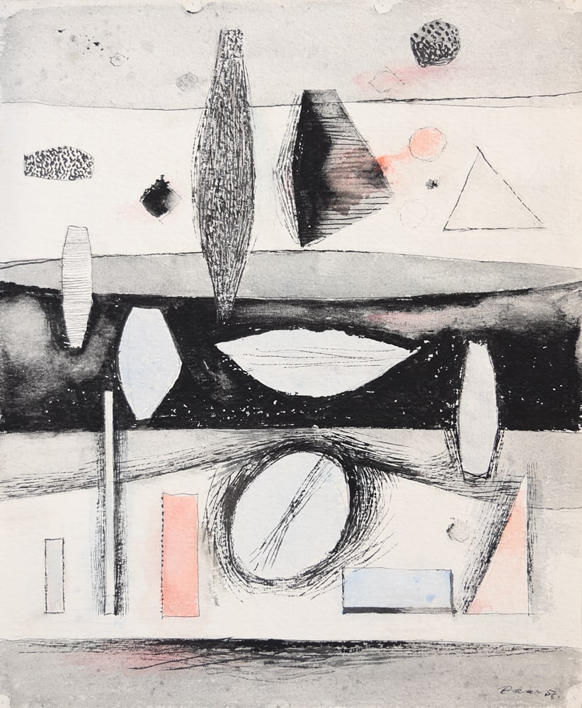 Ernst Paar* (Graz 1906 - 1986 Vienna): Ernst Paar* (Graz 1906 - 1986 Vienna)Composition, 1957watercolor and indian ink/paper 41 x 33,5 cmsigned Paar, dated 57SCHÄTZPREIS / ESTIMATE € 400 - 600STARTPREIS / STARTING PRICE €
