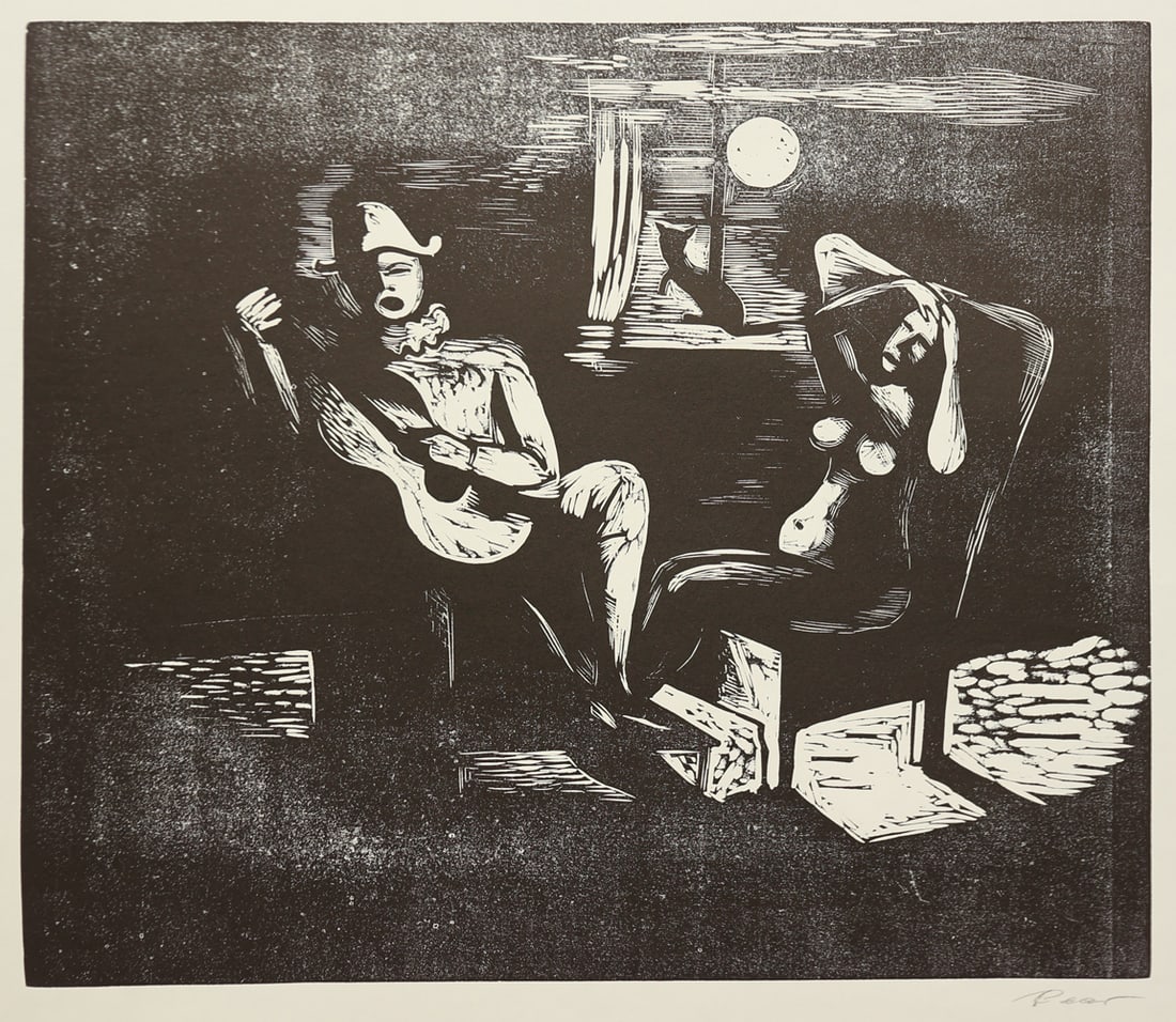 Ernst Paar* (Graz 1906 - 1986 Vienna): Ernst Paar* (Graz 1906 - 1986 Vienna)Harlequin in moonlightwoodcut/paper 35,5 x 40,6 cmsigned PaarSCHÄTZPREIS / ESTIMATE °€ 150 - 250STARTPREIS / STARTING PRICE °€ 150The Austrian artist