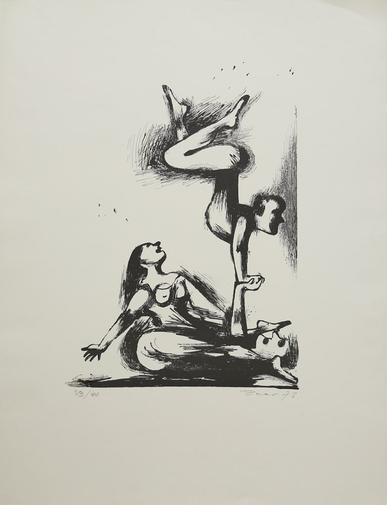 Ernst Paar* (Graz 1906 - 1986 Vienna): Ernst Paar* (Graz 1906 - 1986 Vienna)Acrobats, 1973lithograph/paper 46 x 49 cmsigned Paar, dated 73SCHÄTZPREIS / ESTIMATE °€ 60 - 100STARTPREIS / STARTING PRICE °€ 60The Austrian artist