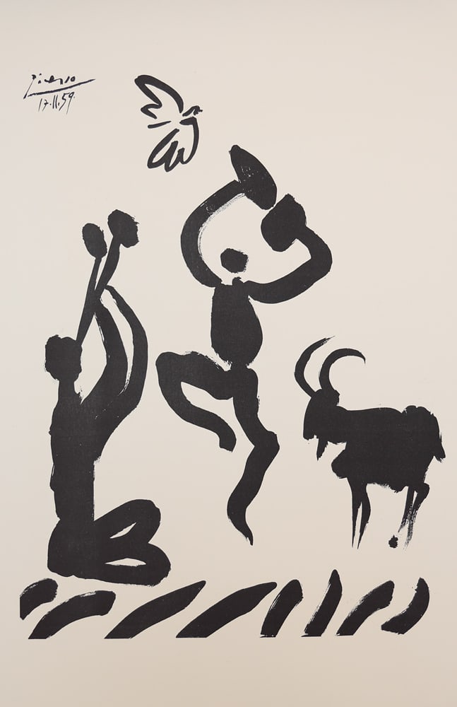 Pablo Picasso* (Málaga 1881 - 1973 Mougins): Pablo Picasso* (Málaga 1881 - 1973 Mougins)The dance of the fauns, 1959print 56,2 x 38 cmsigned and dated in the plate Picasso 17.11.59based on the drawing of the artist