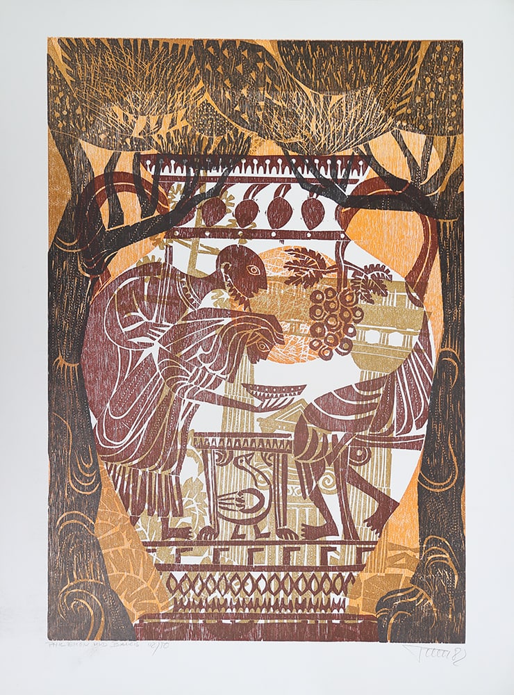 Alfred Pohl* (Essen 1928 - 2019 Göttingen): Alfred Pohl* (Essen 1928 - 2019 Göttingen)Philemon and Baucis, 1982colored woodcut/paper 69,6 x 49,6 cmsigned Pohl, dated 82inscribed Philemon und Baucis, numbered 42/50