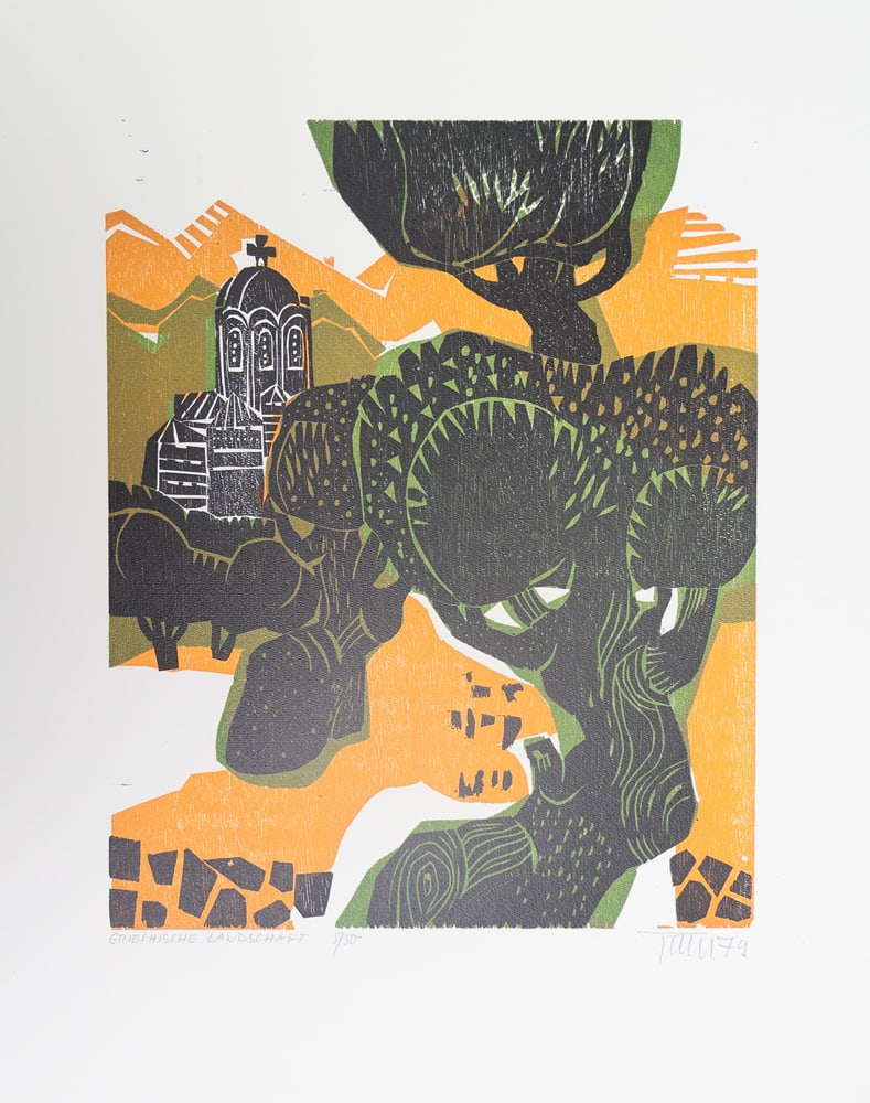 Alfred Pohl* (Essen 1928 - 2019 Göttingen): Alfred Pohl* (Essen 1928 - 2019 Göttingen)Greek landscape, 1974colored woodcut, 35 x 30 cmsigned Pohl, dated 74numbered 5/50, inscribed Griechische LandschaftSCHÄT