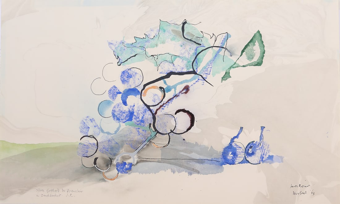 Imre Reiner* (Versec 1900 - 1987 Lugano): Imre Reiner* (Versec 1900 - 1987 Lugano)Still life, 1963watercolor and ink/paper 26,5 x 43,5 cmsigned Imre Reiner, dated Herbst 63with a written dedicationSCHÄTZPR