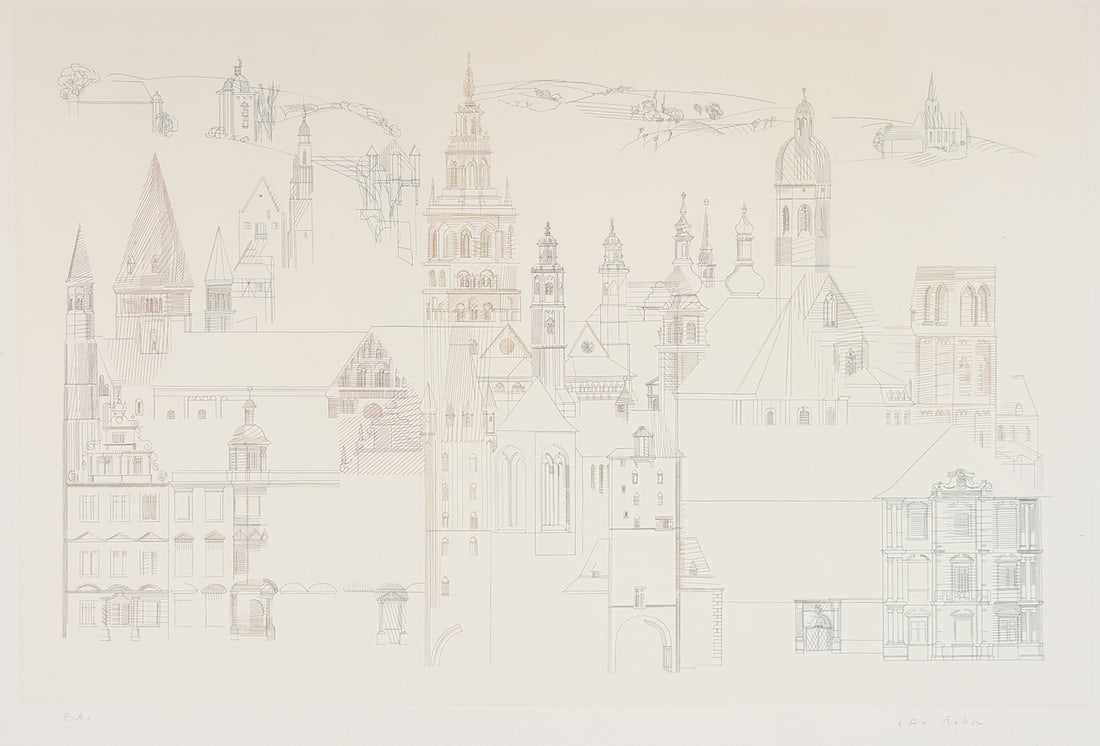 Otto Rohse* (Intersburg 1925 - 2016 Hamburg): Otto Rohse* (Intersburg 1925 - 2016 Hamburg)Mainzetching/paper 35 x 53,7 cmverso inscribed and numbered Mainz Nr. 7/95SCHÄTZPREIS / ESTIMATE °€ 80 - 150STARTPREIS / STARTING PRICE °€