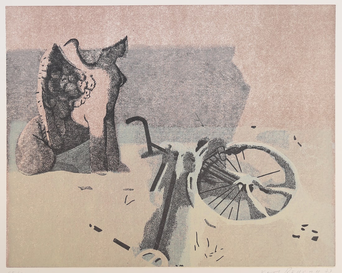 Karl Rössing* (Gmunden 1897 - 1987 Wels): Karl Rössing* (Gmunden 1897 - 1987 Wels)Broken wheel, 1973lithograph/paper 41 x 49,8 cmsigned Karl Rössing, dated 73numbered 65/80SCHÄTZPREIS / ESTIMATE °€ 100 - 200STARTPREIS / STARTING