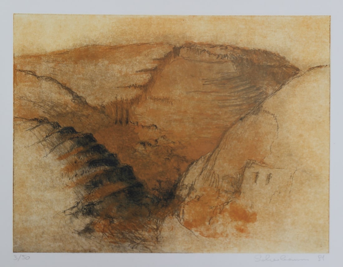 Scherbaum (Biographical data unknown): Scherbaum (Biographical data unknown)Valley, 1991etching, colored/paper 29,6 x 39,2 cmsigned Scherbaum, dated 91numbered 3/50SCHÄTZPREIS / ESTIMATE °€ 10 - 40STARTPREIS / STARTING PRICE