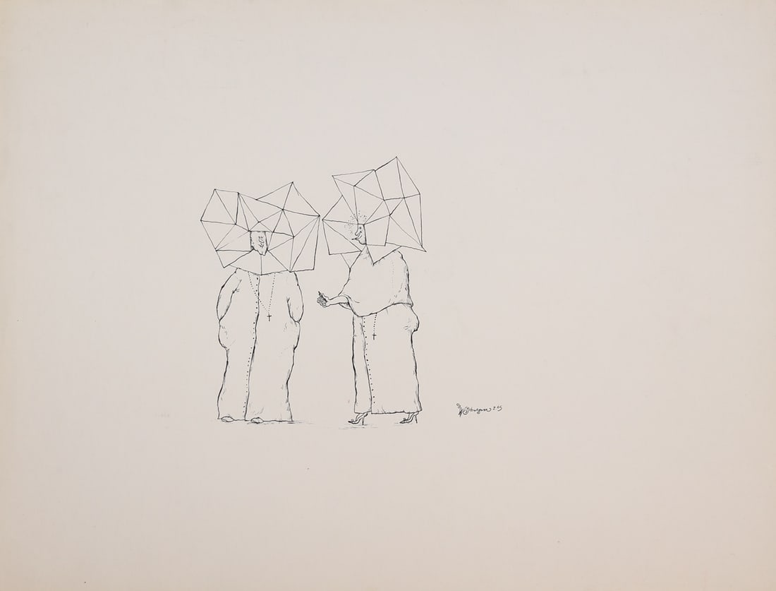 Walter Schmögner* (born 1943 in Vienna): Walter Schmögner* (born 1943 in Vienna)Monk and nun, 1965indian ink/paper 30 x 39,3 cmsigned W. Schmögner, dated 2.65SCHÄTZPREIS / ESTIMATE °€ 200 - 300STARTPREIS / STARTING PRICE °€