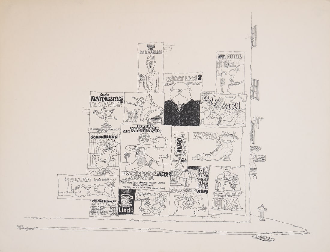 Walter Schmögner* (born 1943 in Vienna): Walter Schmögner* (born 1943 in Vienna)Poster wall, 1964indian ink/paper 30 x 39,9 cmsigned W. Schmögner, dated 6.64SCHÄTZPREIS / ESTIMATE °€ 200 - 300STARTPREIS / STARTING PRICE °€