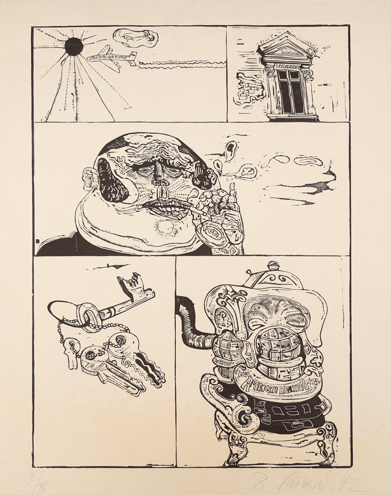 Rudolf Schönwald* (born 1928 in Hamburg): Rudolf Schönwald* (born 1928 in Hamburg)Nr. 1 American heating, 1972woodcut/paper 65 x 50,5 cmsigned R. Schönwald, dated 72numbered III/XVSCHÄTZPREIS / ESTIMATE °€ 40 - 80STARTPREIS /