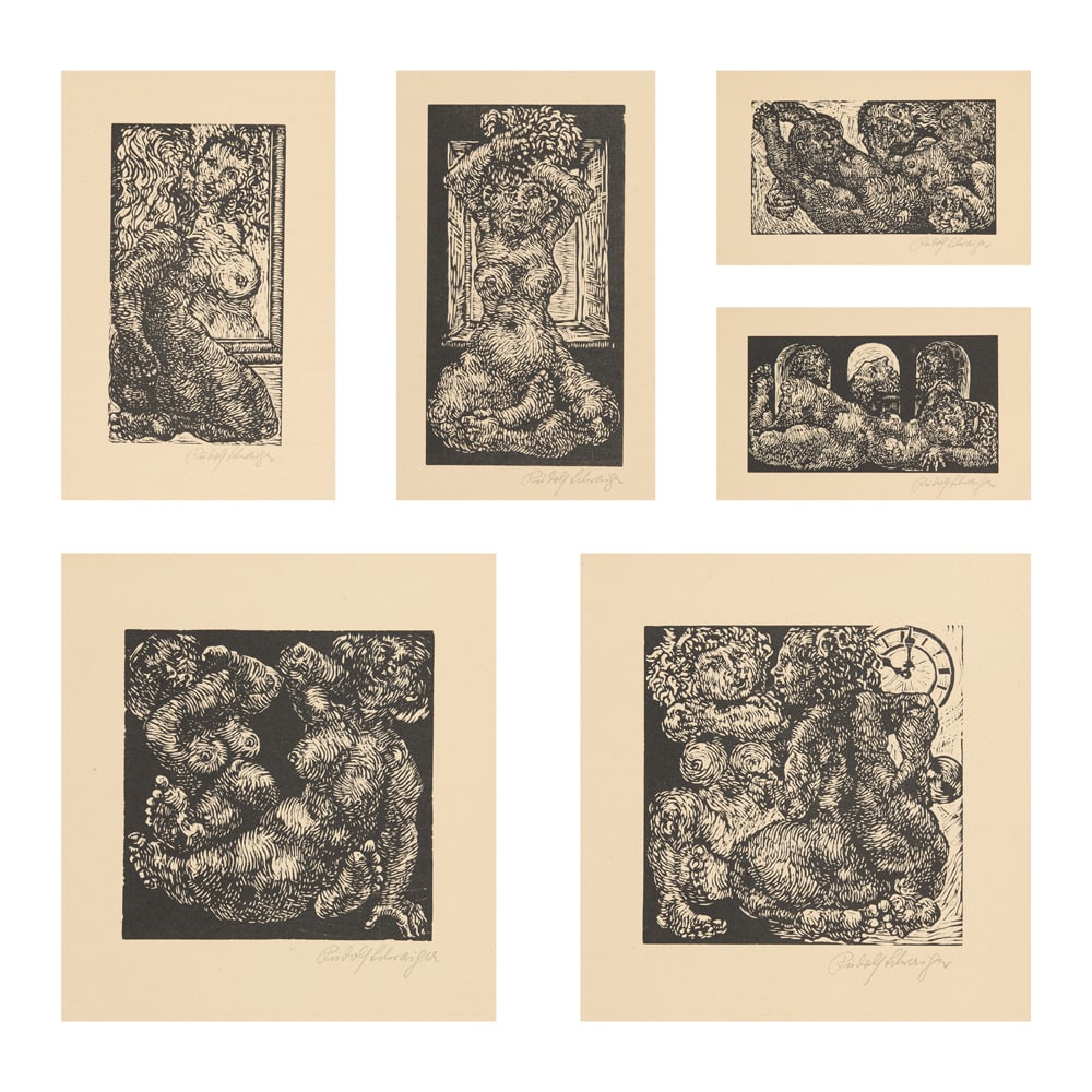 Rudolf Schwaiger* (Ebensee 1924 - 1979 Vienna): Rudolf Schwaiger* (Ebensee 1924 - 1979 Vienna)Bundle of 6 woodcuts1| Nudewoodcut/paper 20,5 x 11 cmsigned Rudolf Schwaiger2| Nude in front of the archeswoodcut/paper 11,5 x 20,5 cmsigned Rudolf