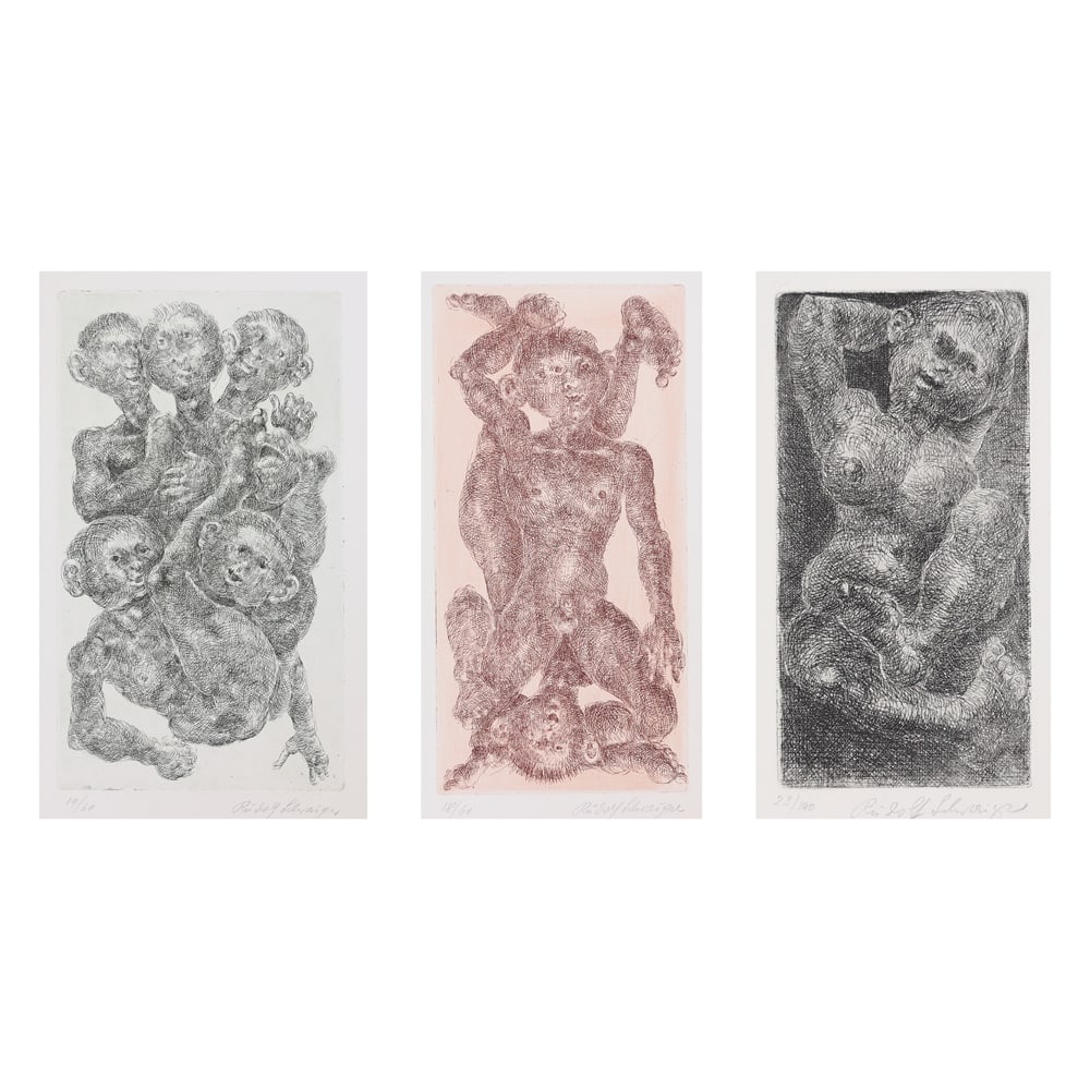 Rudolf Schwaiger* (Ebensee 1924 - 1979 Vienna): Rudolf Schwaiger* (Ebensee 1924 - 1979 Vienna)Bundle of 3 etchings1| Black nudeetching/paper 19 x 9,7 cmsigned Rudolf Schwaiger, numbered 23/1002| Red nudeetching/paper 33,2 x1 6,5 cmsigned Rudolf
