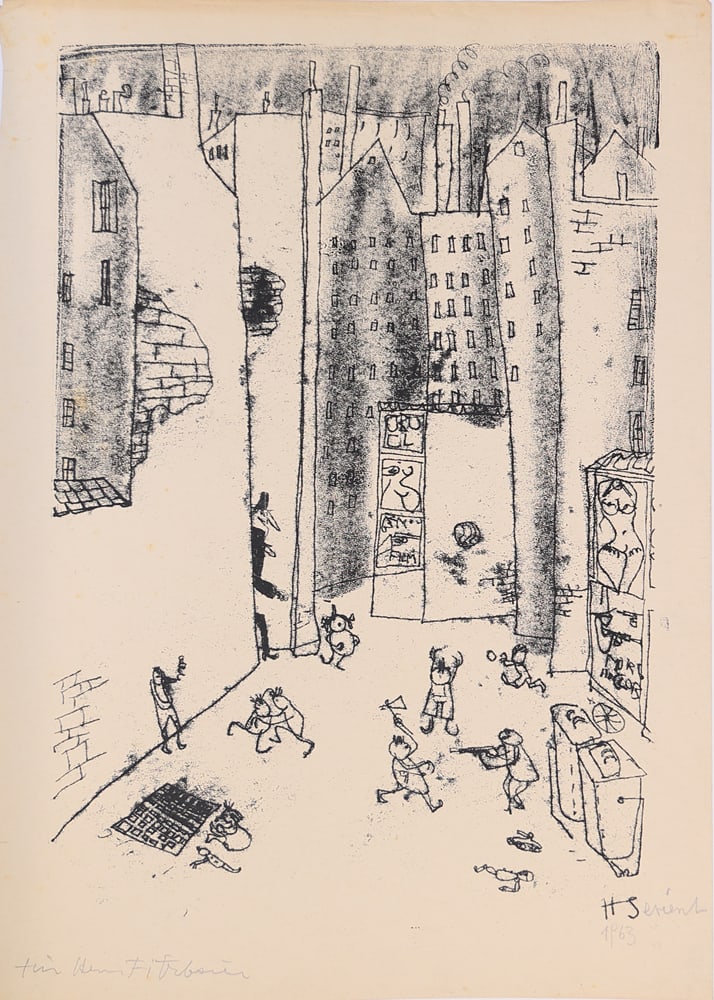 Hermann Serient* (born 1935 in Melk): Hermann Serient* (born 1935 in Melk)Kid's play, 1963monotype/paper 45,4 x 31,3 cmsigned Serient, dated 1963inscribed Für Herrn Fitzbauer, monogrammed in the plate HSSCHÄTZPREIS / ESTIMATE €