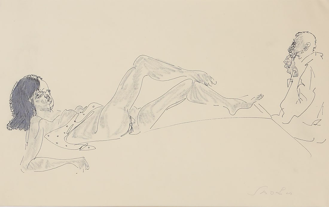 Rudolf Spohn* (Graz 1905 - 1975 Graz): Rudolf Spohn* (Graz 1905 - 1975 Graz) Lady and voyeur indian ink and pencil/paper 26,5 x 43,3 cm signed Spohn SCHÄTZPREIS / ESTIMATE °€ 150 - 300 STARTPREIS / STAR