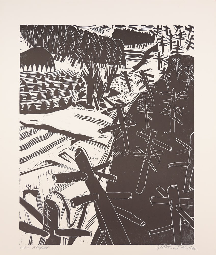 Erich Steininger* (Oberrabenthan 1939 - 2015 Oberrabenthan): Erich Steininger* (Oberrabenthan 1939 - 2015 Oberrabenthan)Clover field, 1982woodcut/paper 58,5 x 43,3 cmsigned Steininger Erich, dated 1982inscribed Kleefeld, numbered 44/50