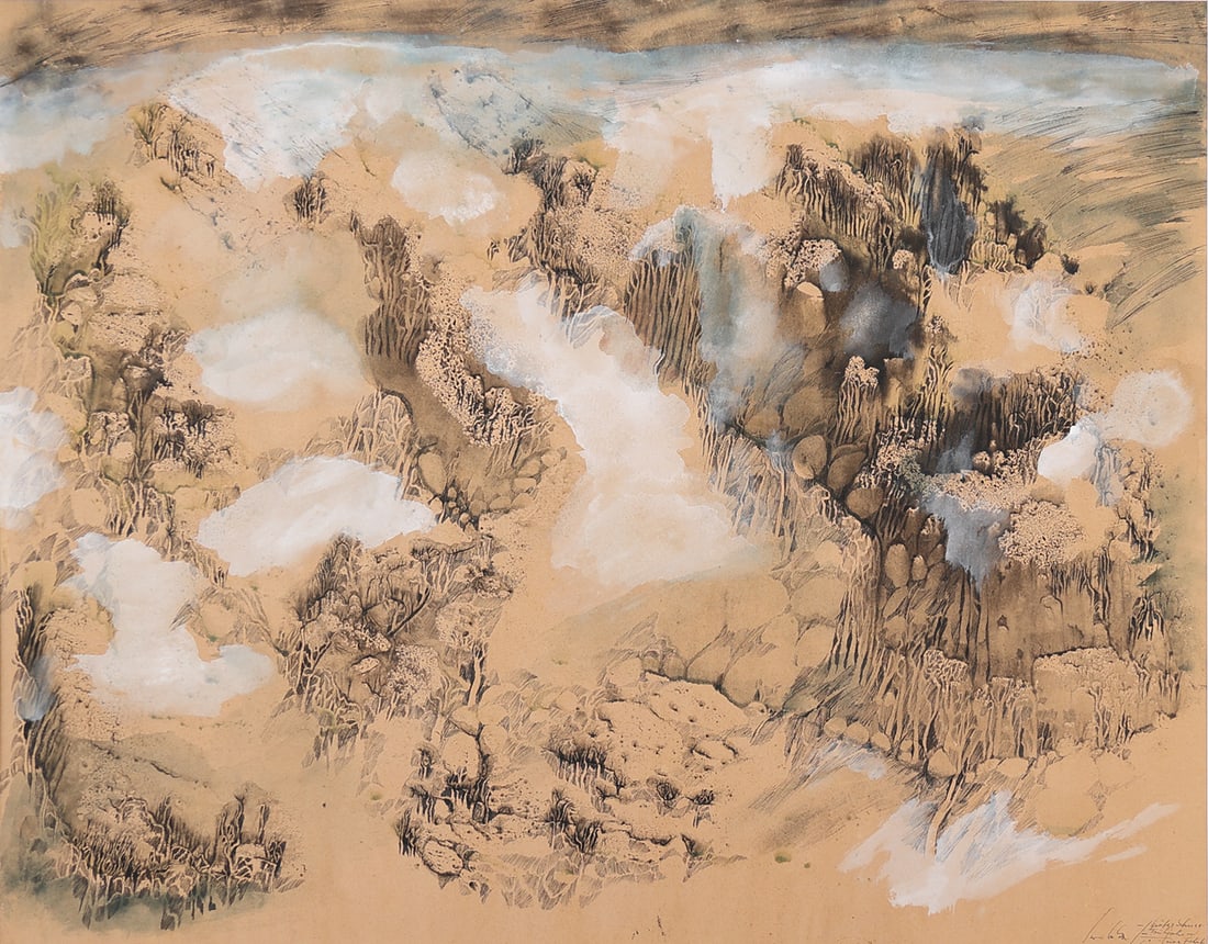 Helmut Swoboda* (born 1958 in Amstetten): Helmut Swoboda* (born 1958 in Amstetten)Snow in springwatercolor and indian ink/paper 47 x 60 cmsigned Swoboda, inscribed Schnee im Frühjahr bei einer Fahrt durch den bayerischen Wald