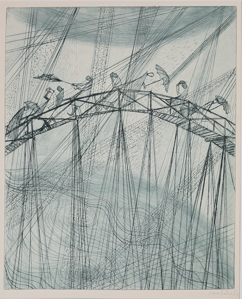 Gerhard Swoboda* (Neubistritz 1923 - 1974 Vienna): Gerhard Swoboda* (Neubistritz 1923 - 1974 Vienna)A windy day, 1954etching/paper 38,8 x 29,7 cmsigned Swoboda, dated 54SCHÄTZPREIS / ESTIMATE °€ 200 - 300START