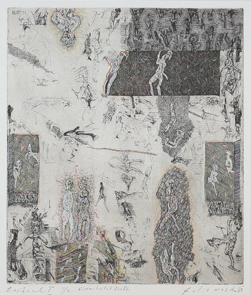 Felix Waske* (born 1942 in Vienna): Felix Waske* (born 1942 in Vienna)Sheet 11, 1982etching/paper 29,8 x 25 cmsigned Felix Waske, dated 82numbered 1/2, inscribed in the plate Blatt 11SCHÄTZPREIS / ES