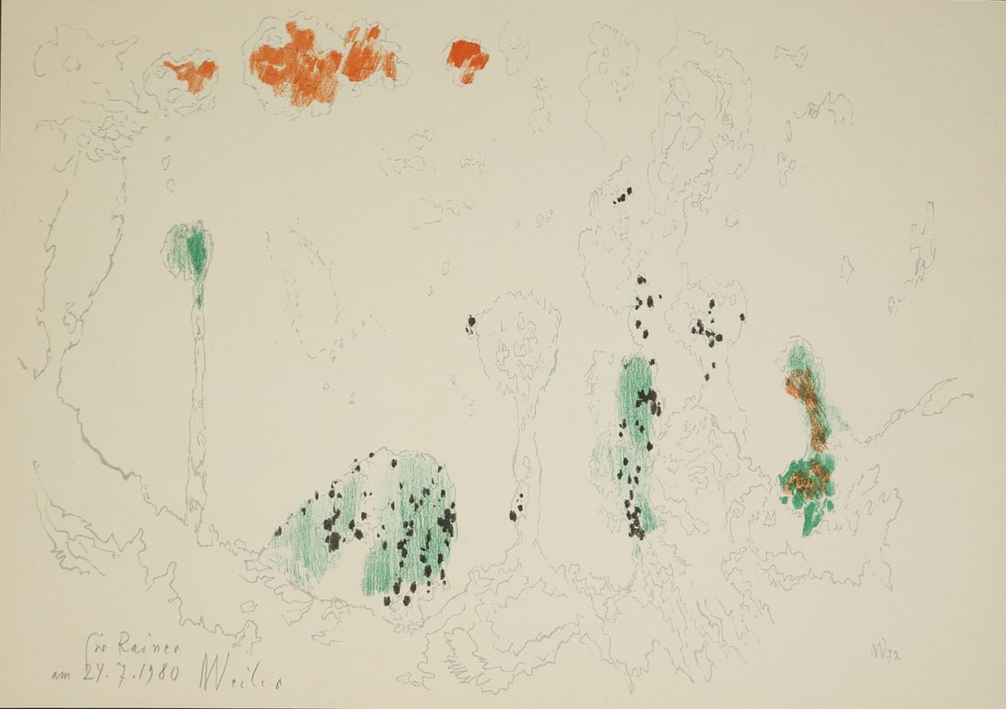 Max Weiler* (Absam 1910 - 2001 Vienna): Max Weiler* (Absam 1910 - 2001 Vienna)Landscape, 1972lithograph/paper 39,5 x 57 cmmonogrammed and dated in the plate W 72inscribed Für Rainer am 24.7.1980 WeilerSCHÄTZPREIS / ESTIMATE € 800 -